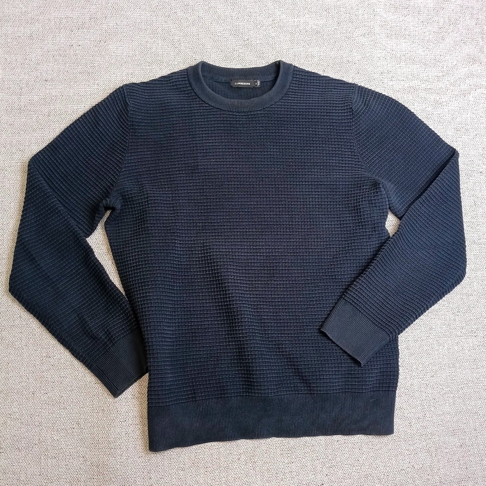 J.Lindeberg Sweater Mens M Navy Excellent Lexter Square Waffle Knit Crewneck